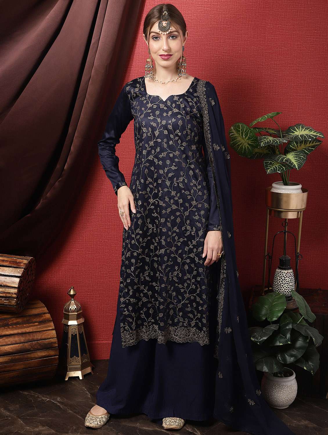 navy blue floral print unstitched suit set