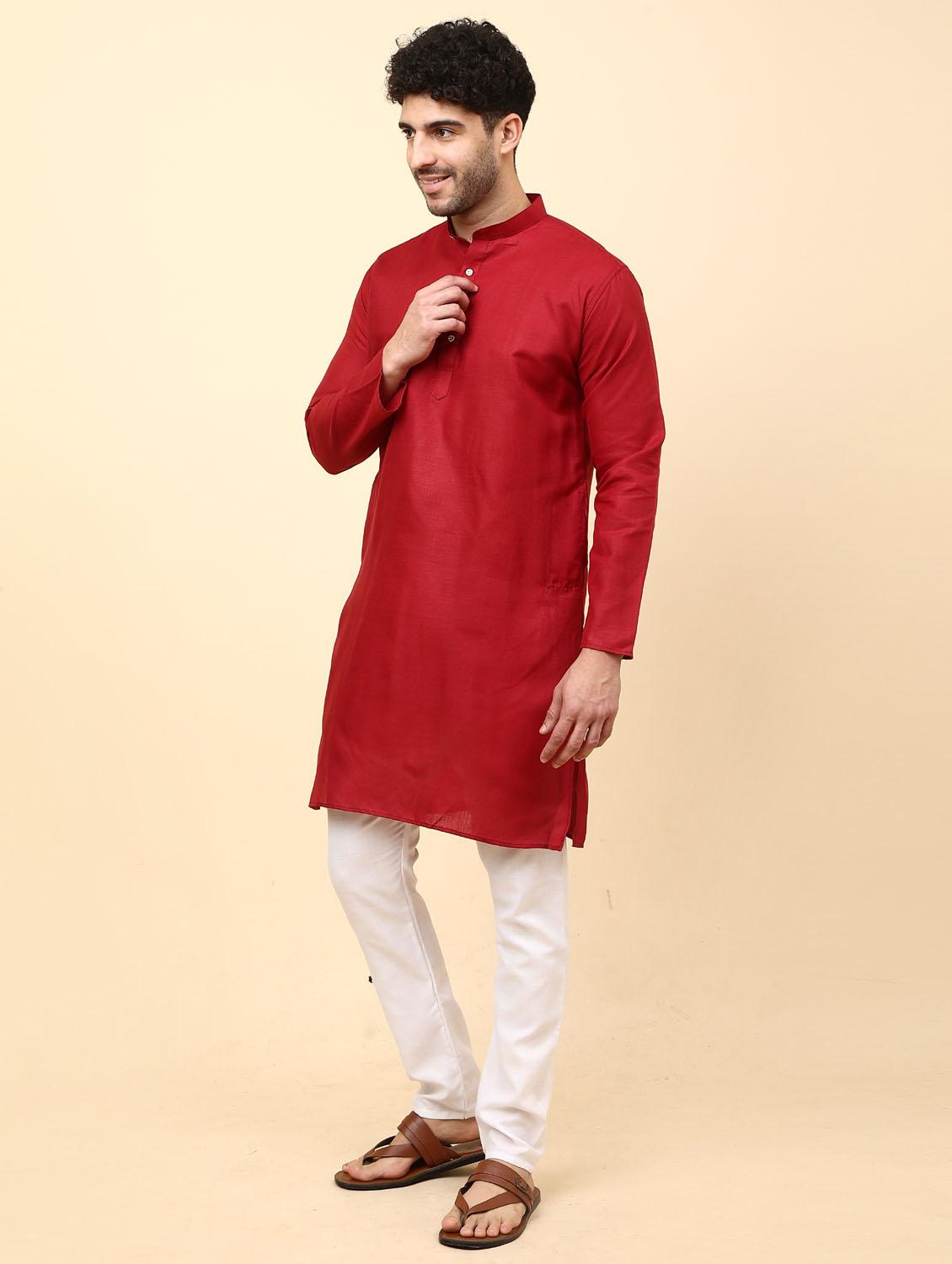 maroon solid mandarin neck kurta pyjama  set - 19992330 -  Standard Image - 1