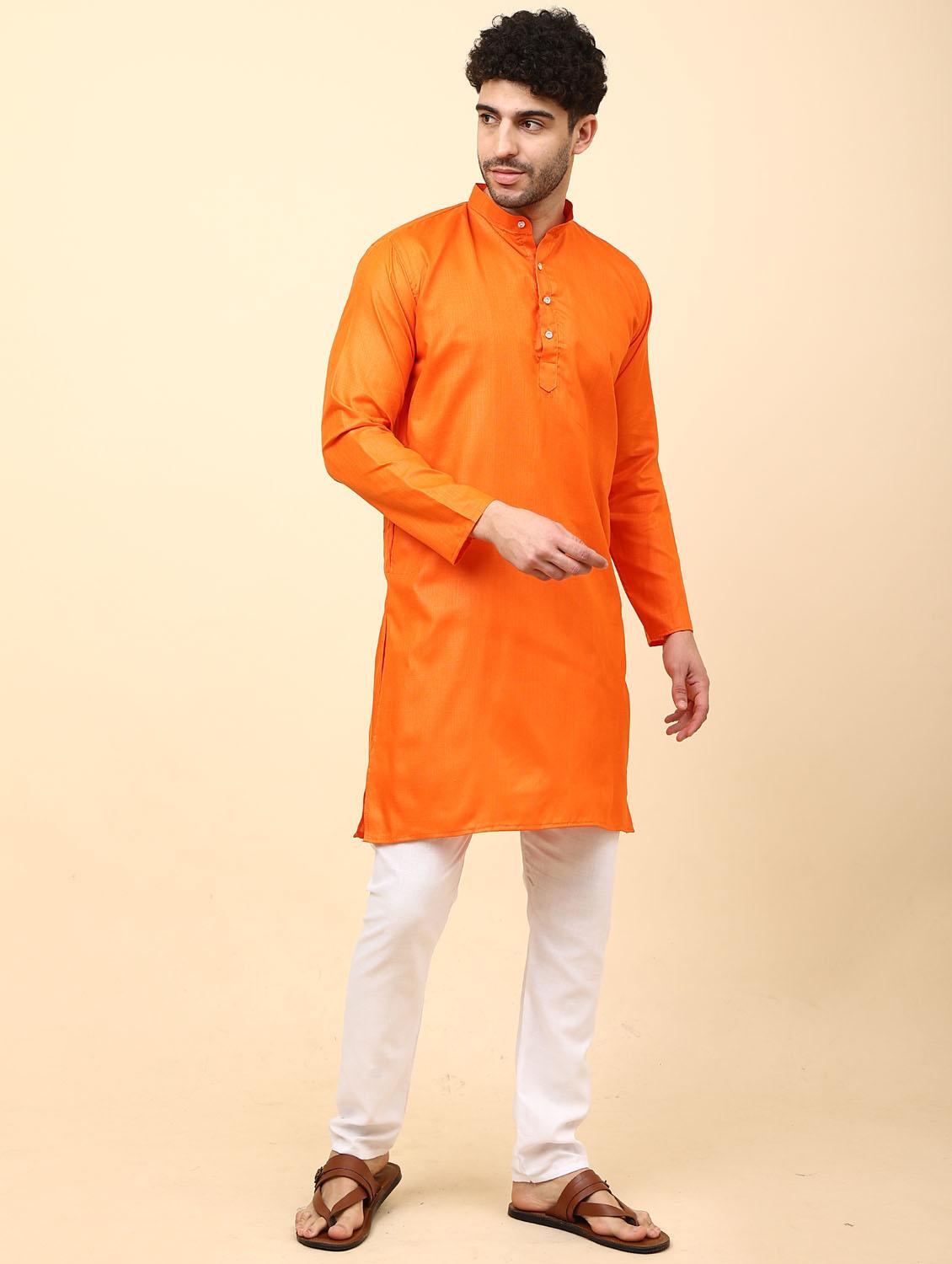 orange solid mandarin neck kurta pyjama set - 19992331 - Standard Image - 1