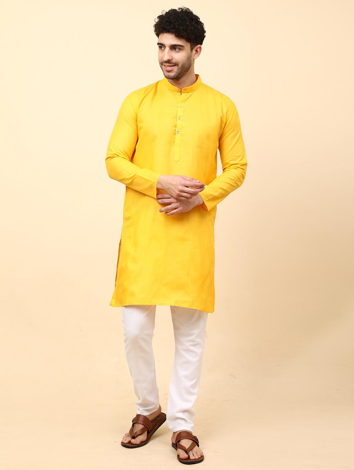 yellow solid mandarin neck kurta pyjama set - 19992332 - Standard Image - 1