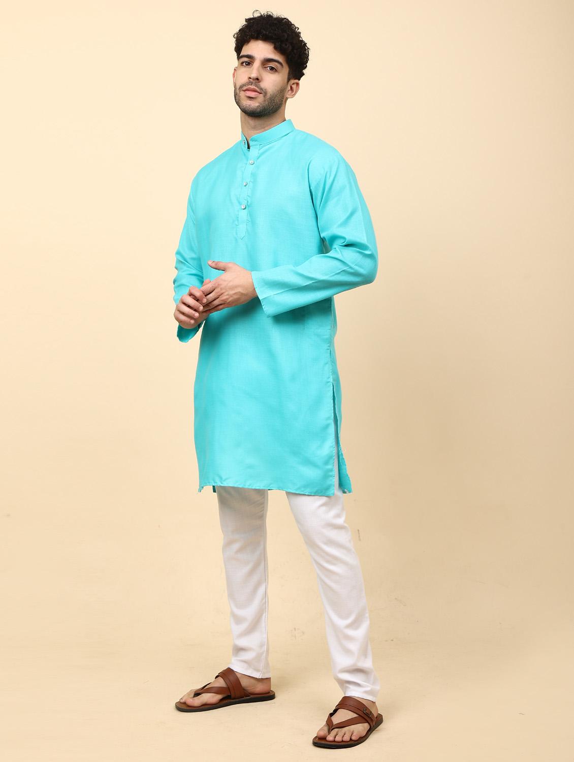 turquoise solid mandarin neck kurta pyjama  set - 19992334 -  Standard Image - 1