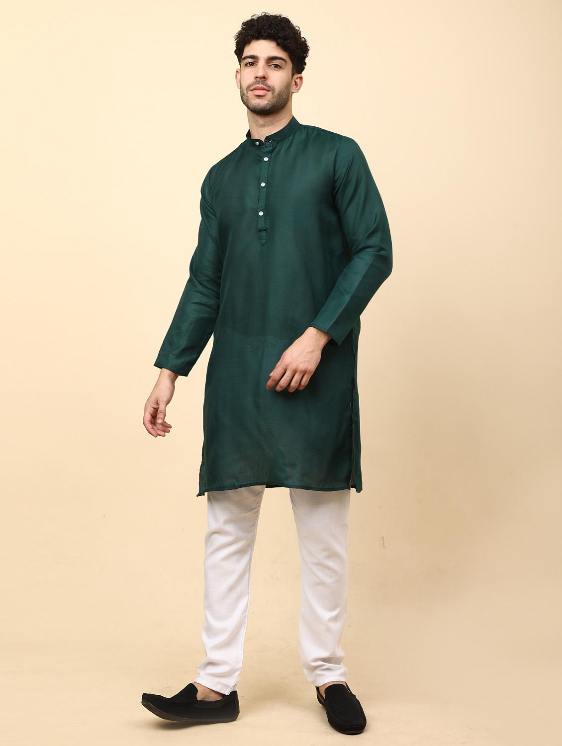 dark green solid mandarin neck kurta pyjama set - 19992341 -  Standard Image - 1