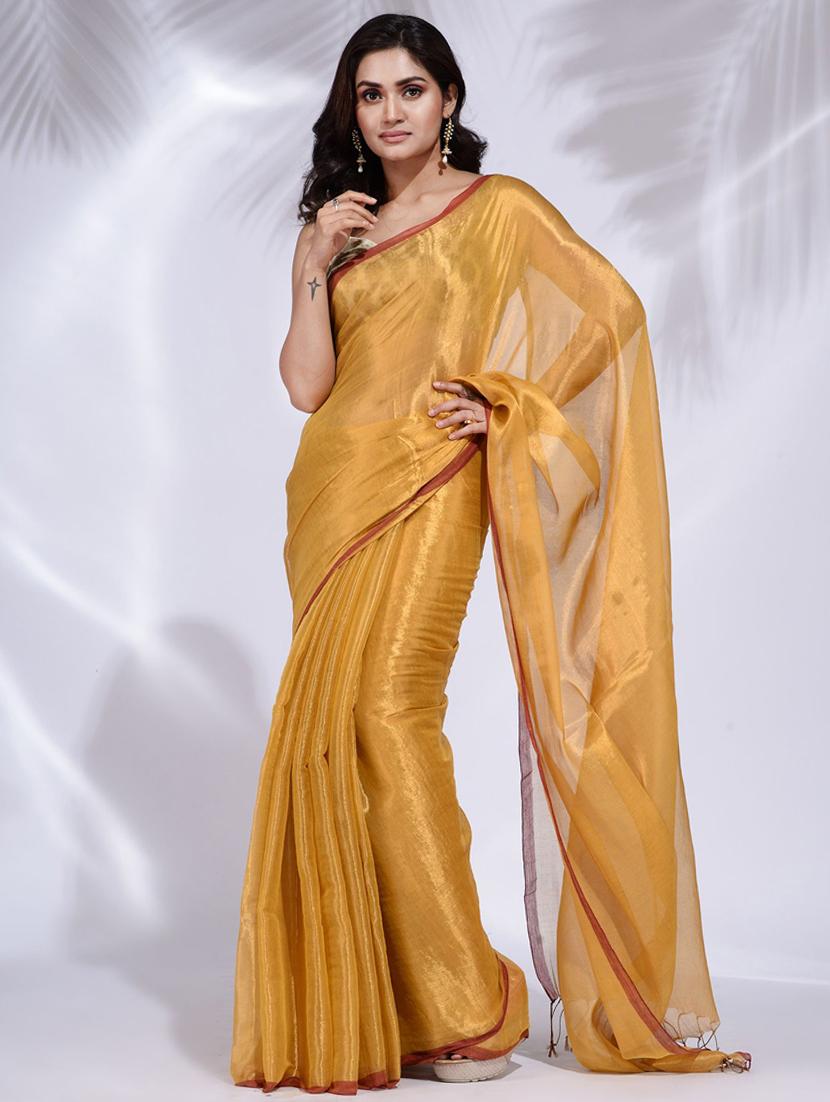 women's solid mustard colored saree with blouse - 19992440 - Zoom Image - 0