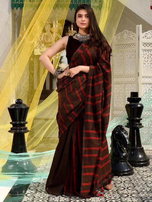 women's stripes brown colored saree with blouse - 19992775 - Standard Image - 0