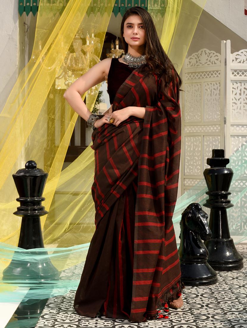 women's stripes brown colored saree with blouse - 19992775 - Zoom Image - 0