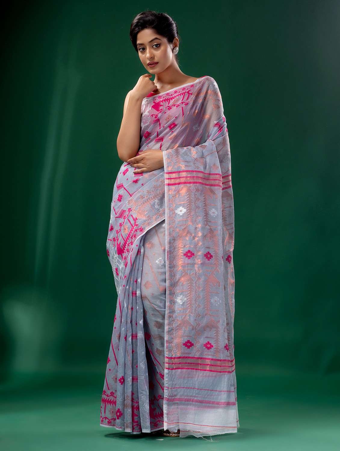 women's self design grey colored saree with blouse