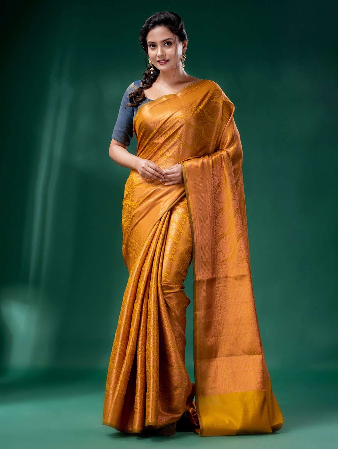 Women's Self Design Mustard Colored Saree With Blouse
