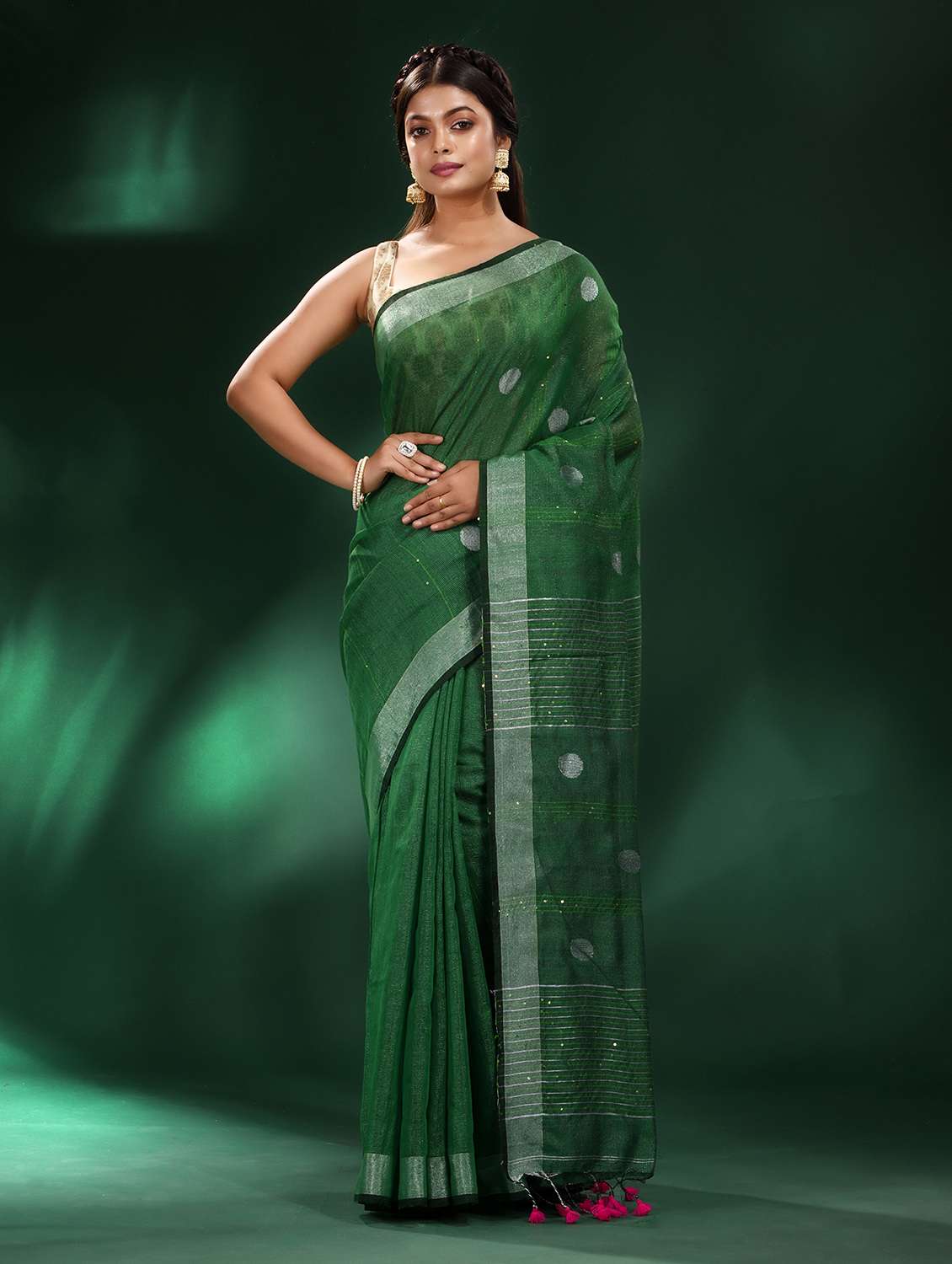 women's self design green colored saree with blouse