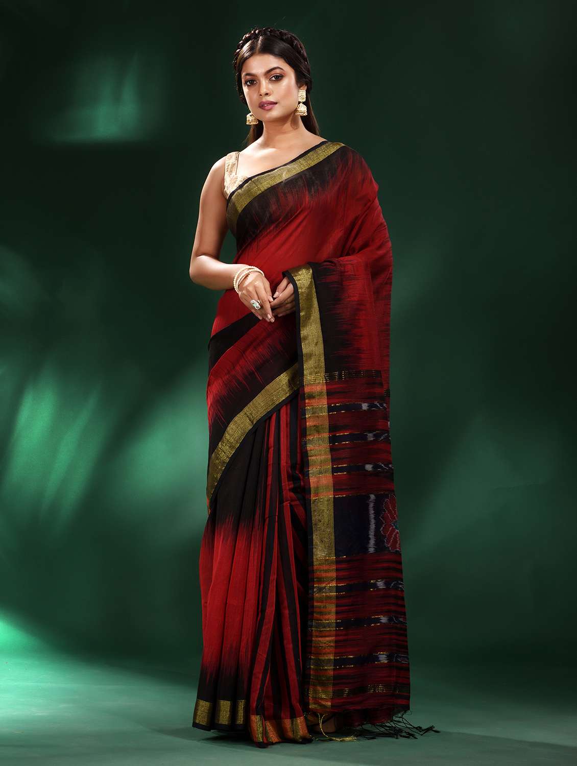 red cotton blend saree with blouse
