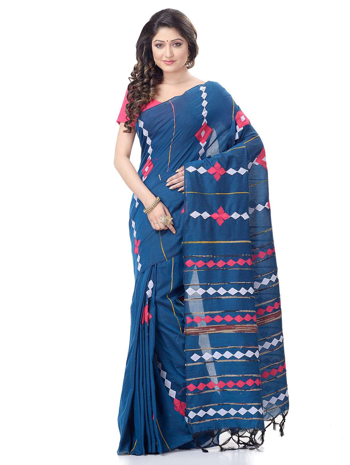 women's stripes blue colored saree with blouse