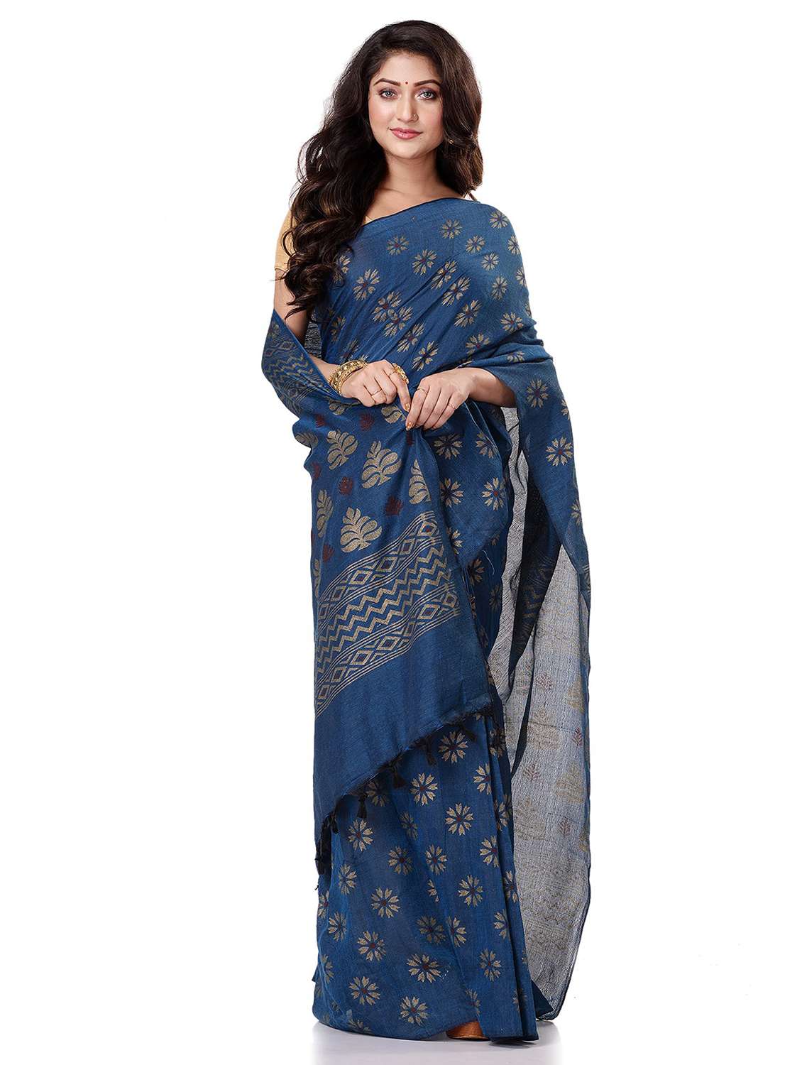 women's self design teal colored saree with blouse