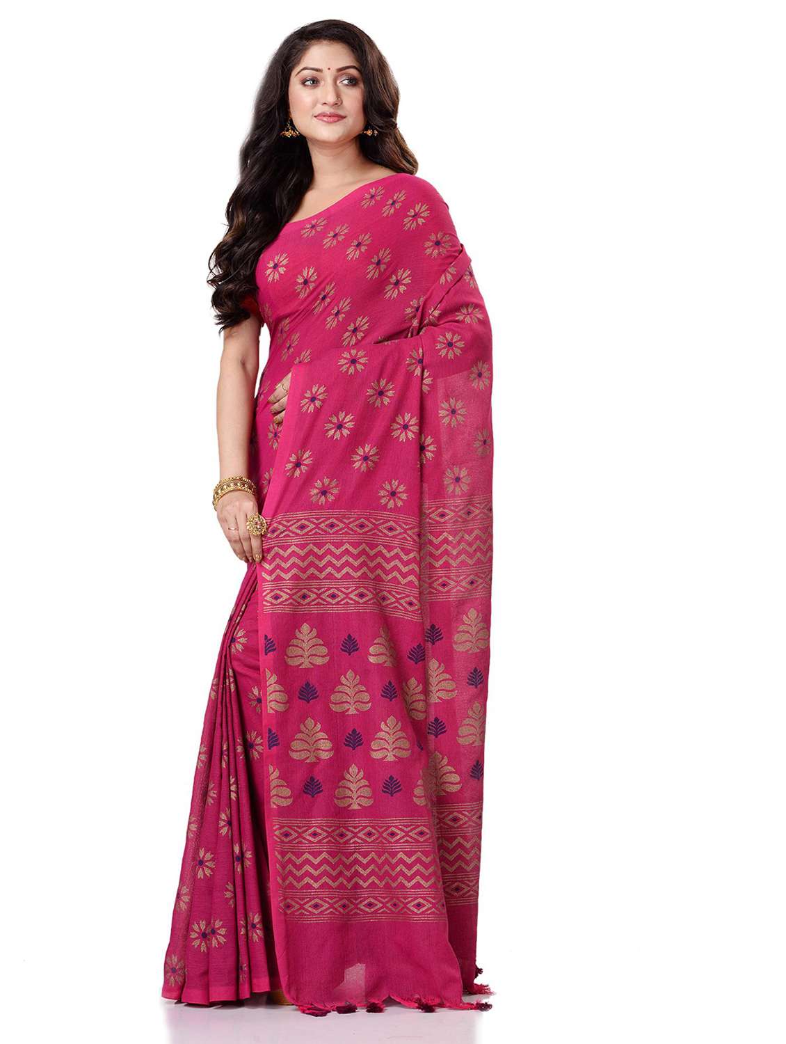 women's printed pink colored saree with blouse