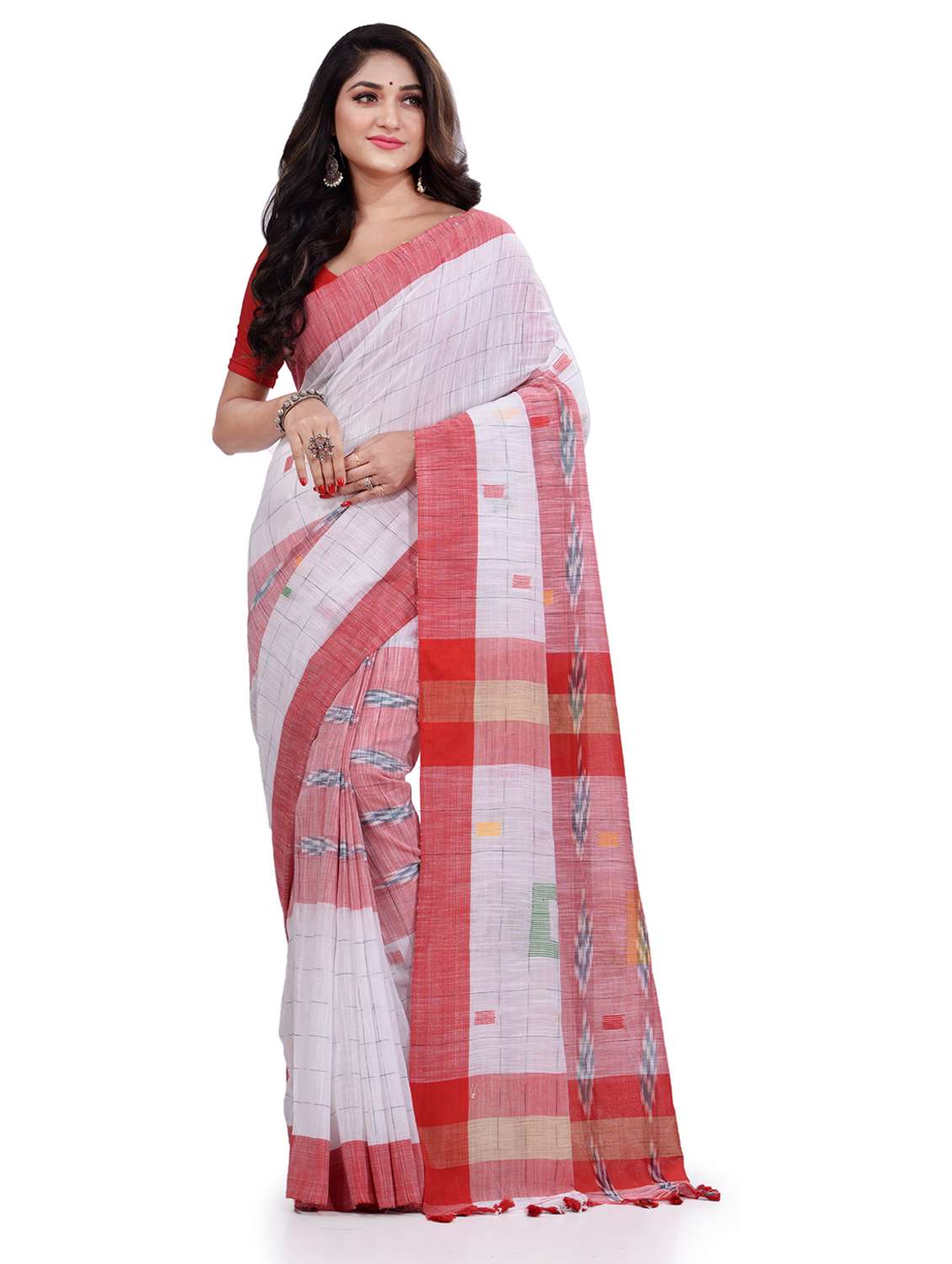 women's checks white colored saree with blouse