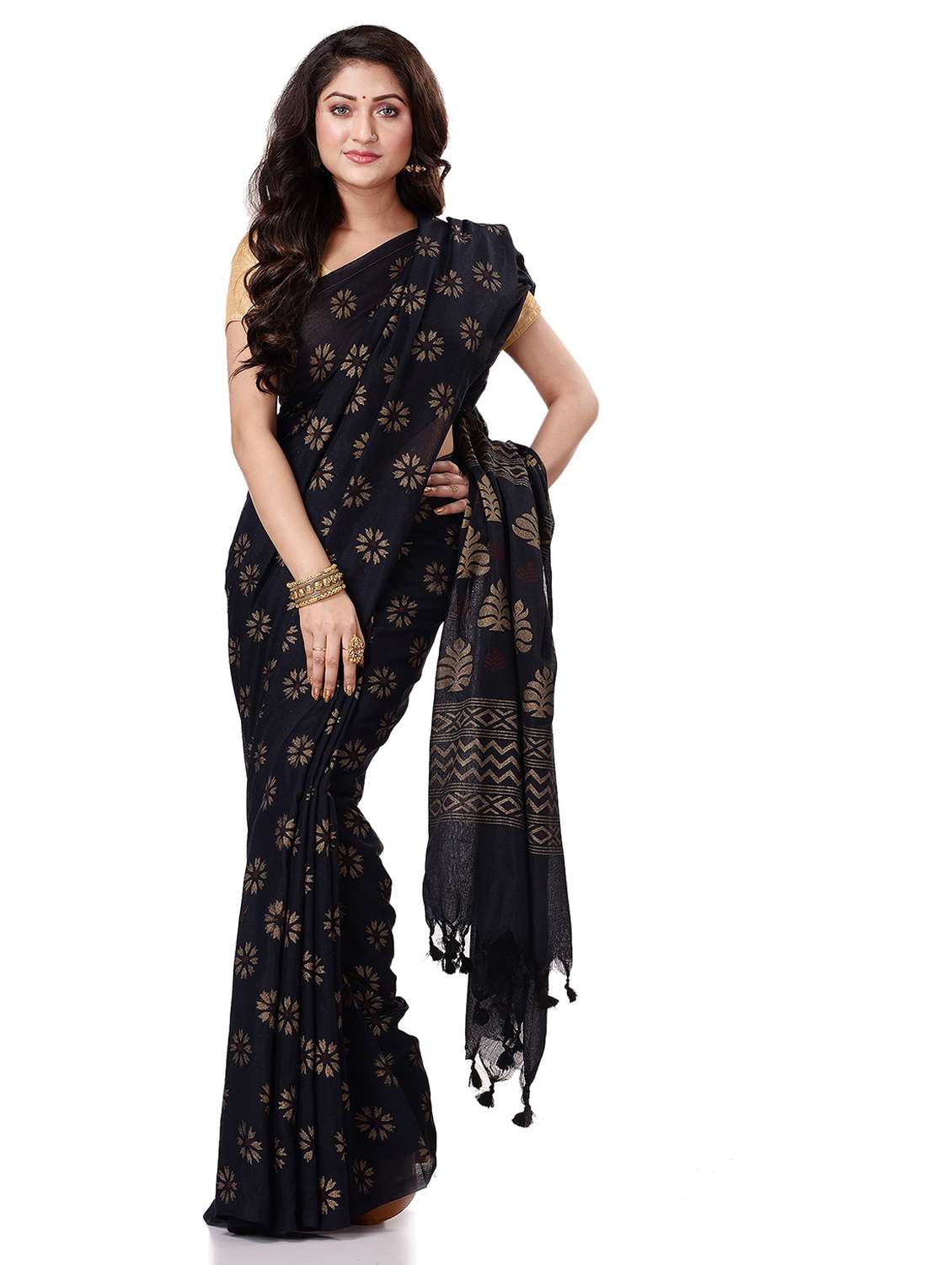 women's self design black colored saree with blouse