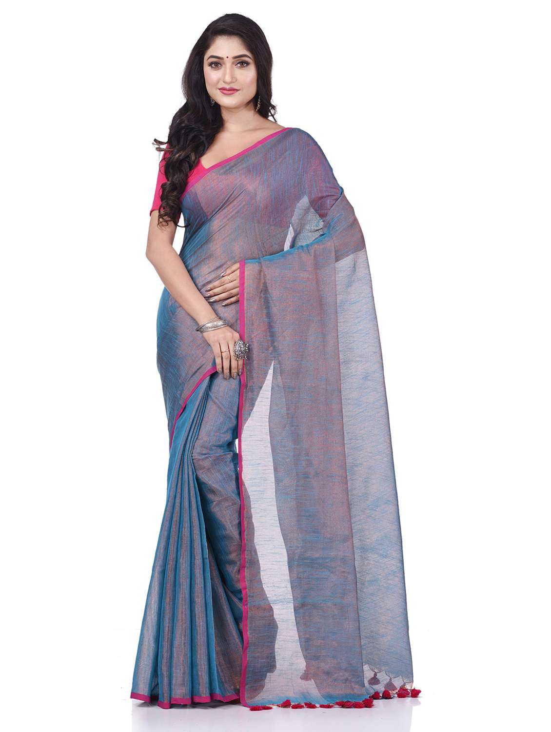 women's self design purist blue colored saree with blouse
