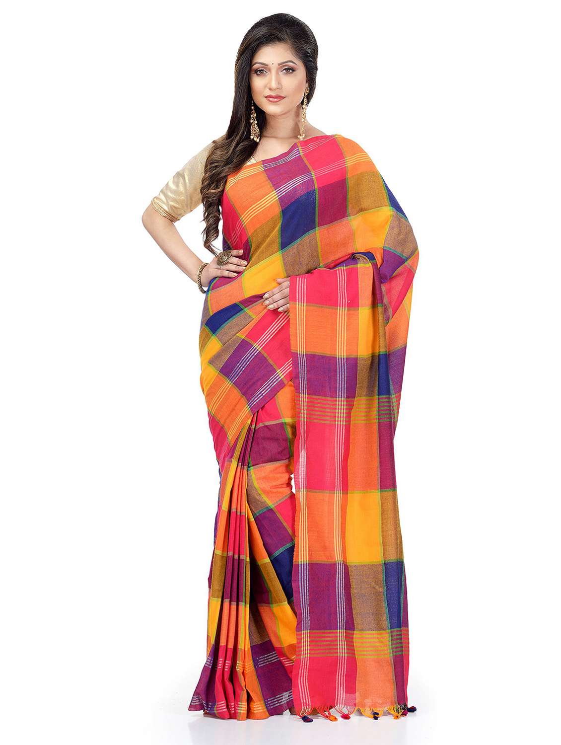 women's checks multi colored saree with blouse