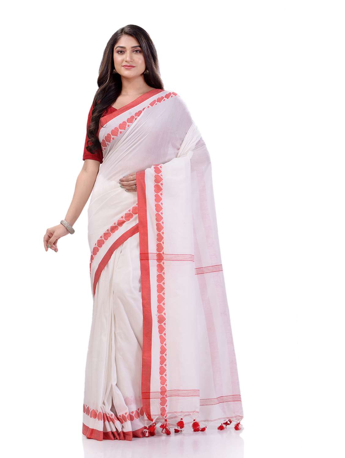 women's bordered white colored saree with blouse