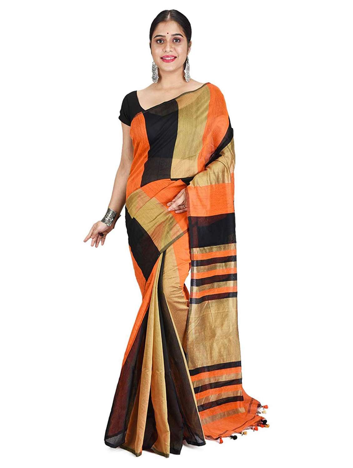 women's stripes black colored saree with blouse
