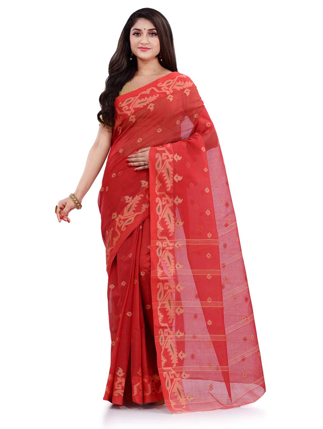 women's self design red colored saree