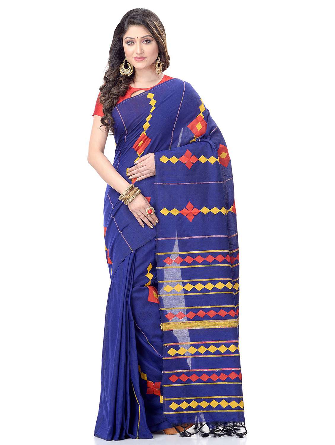 women's self design navy blue colored saree with blouse
