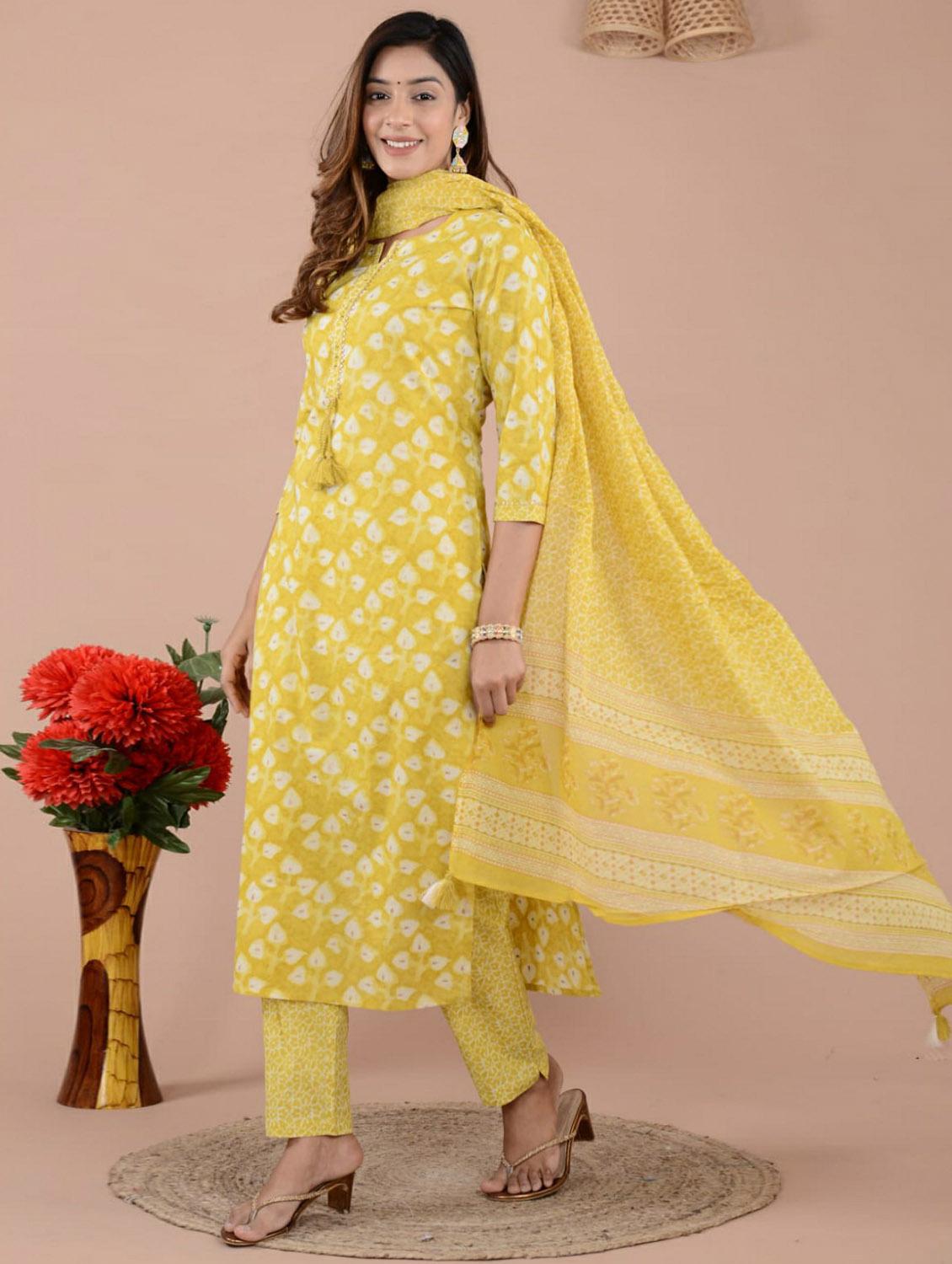 yellow printed three quarter sleeve kurta pant set with dupatta - 19995592 -  Standard Image - 1