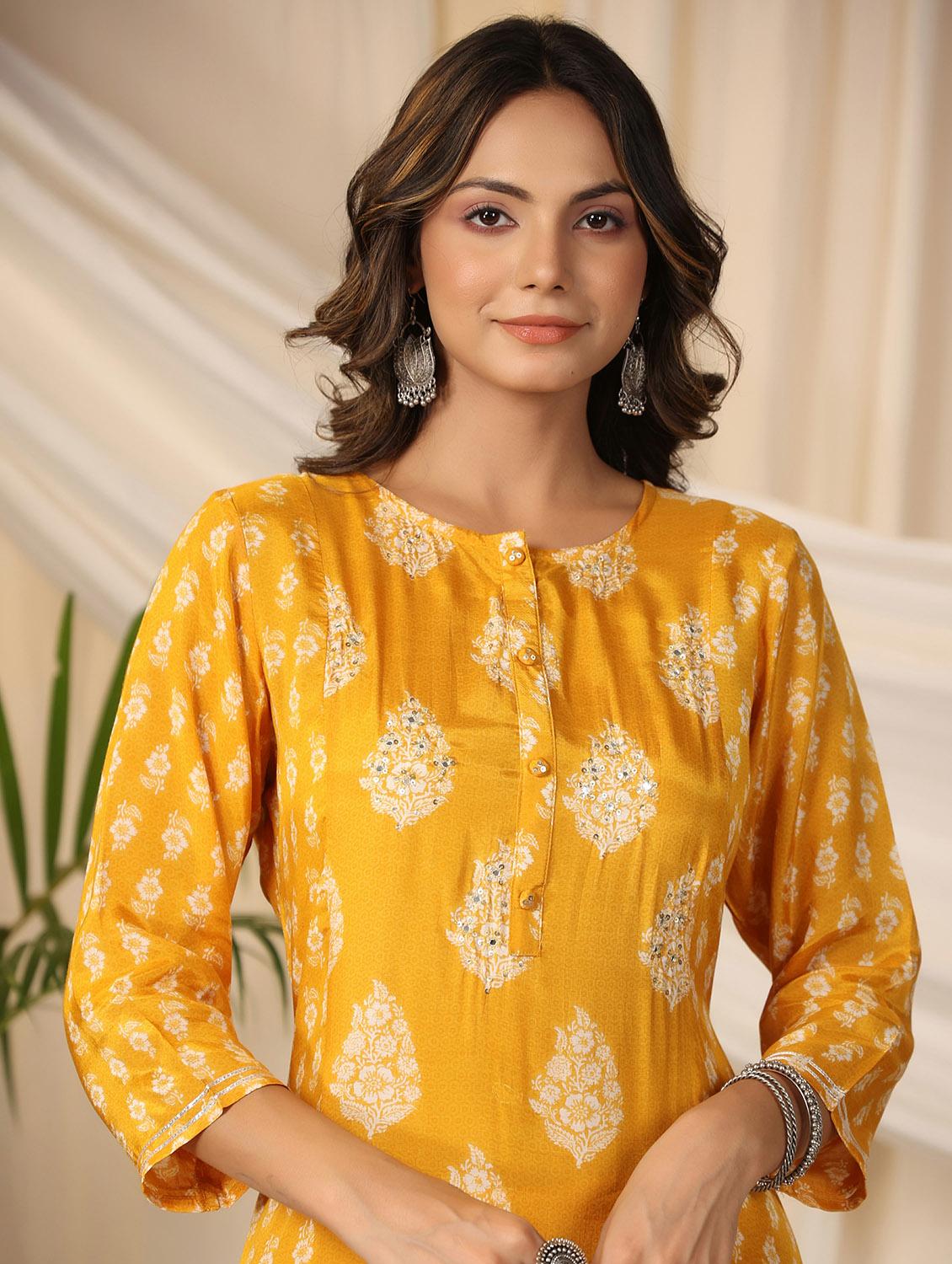 yellow printed three quarter sleeve kurta pant set - 19995594 - Standard Image - 4