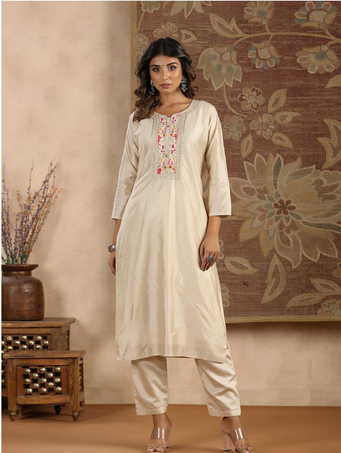 beige printed three quarter sleeve suit set set - 19995599 -  Standard Image - 1