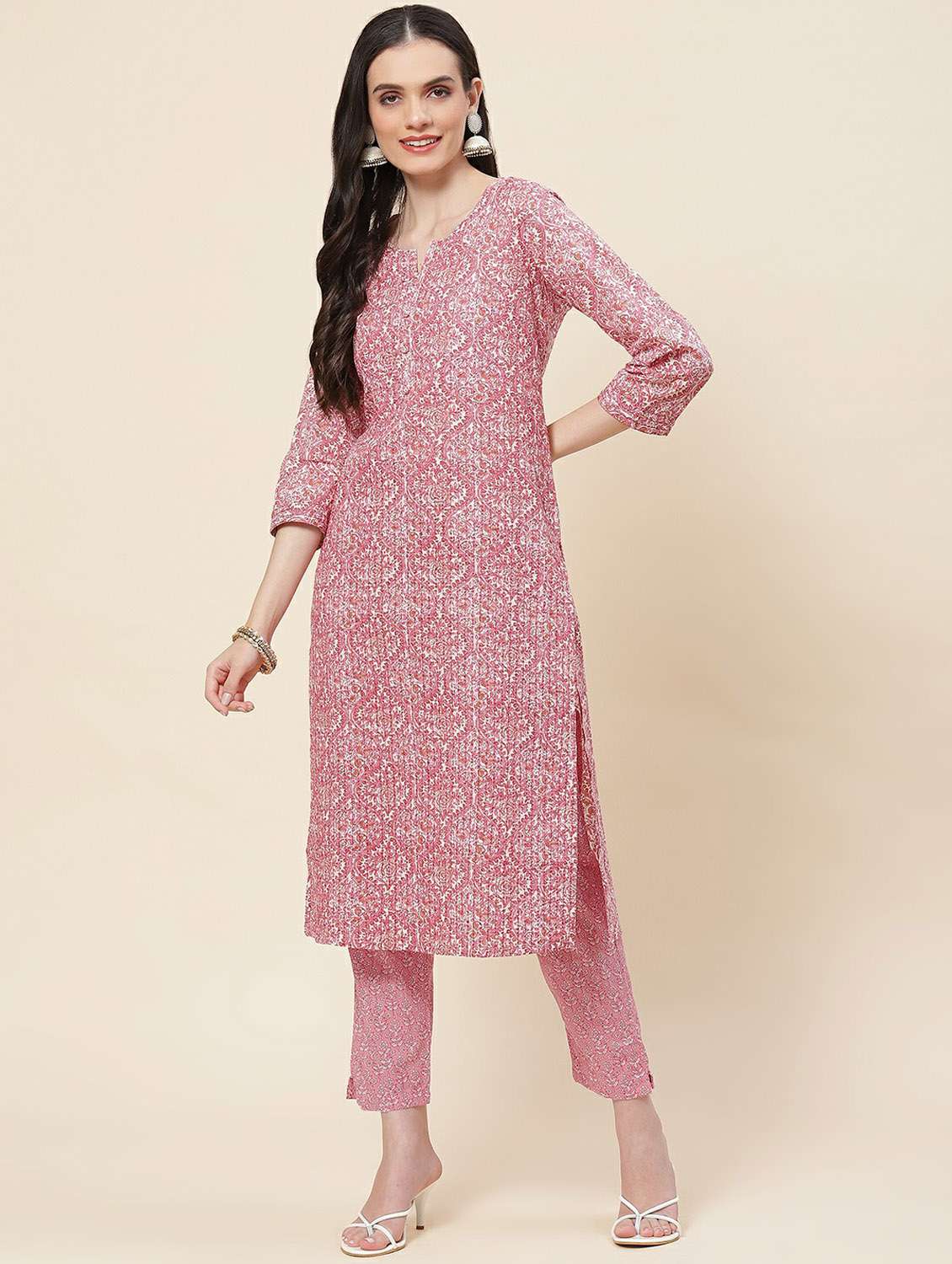 pink printed three quarter sleeve kurta pant set - 19995603 - Standard Image - 1