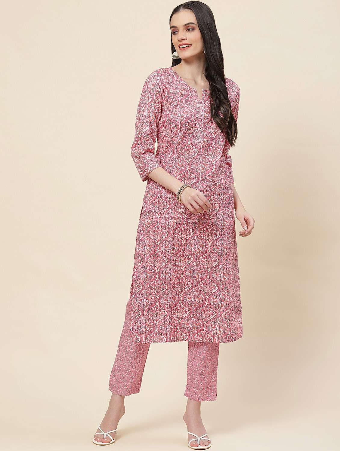 pink printed three quarter sleeve kurta pant set - 19995603 - Standard Image - 4