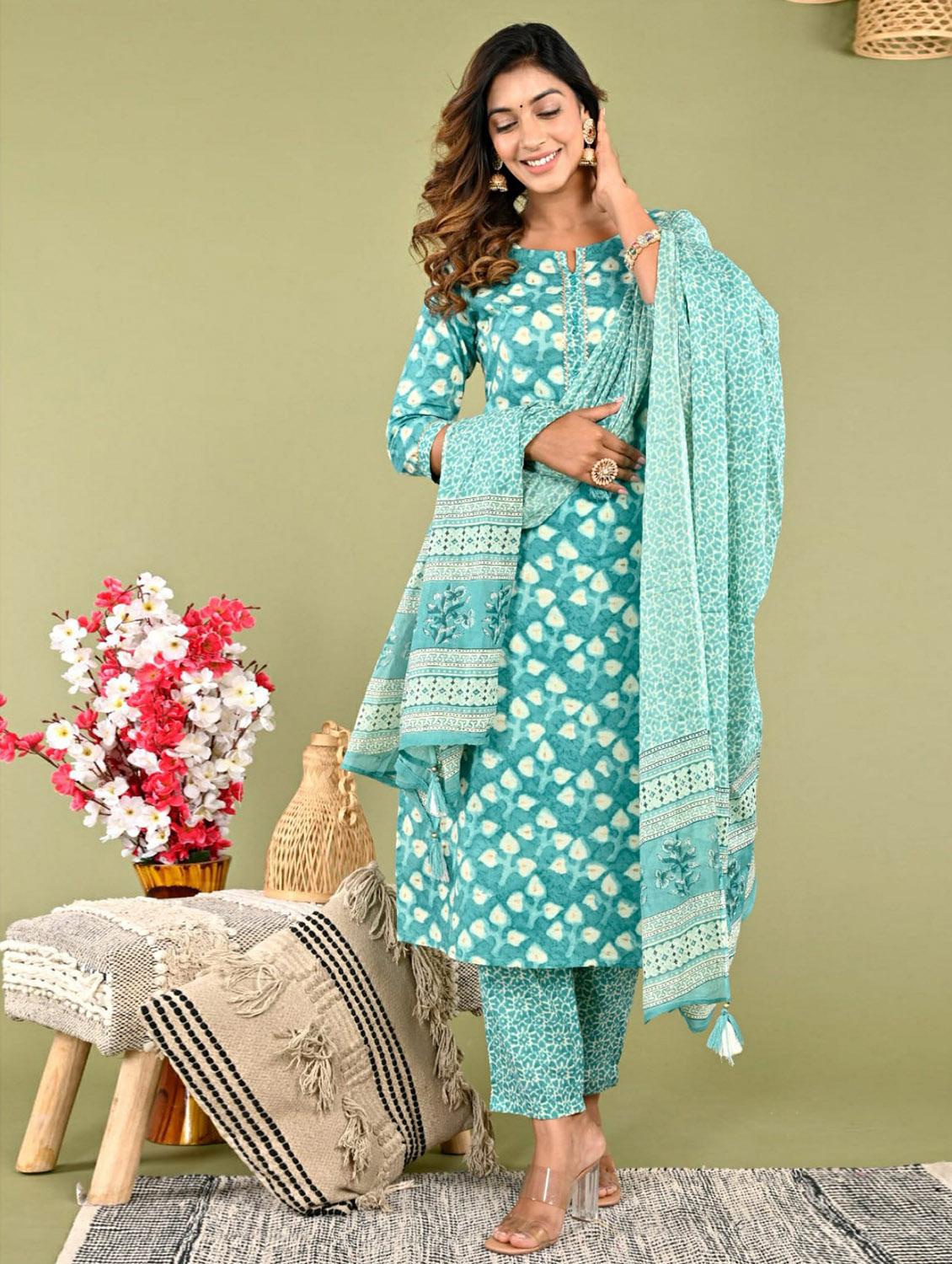 blue printed three quarter sleeve suit set set - 19995614 - Standard Image - 1