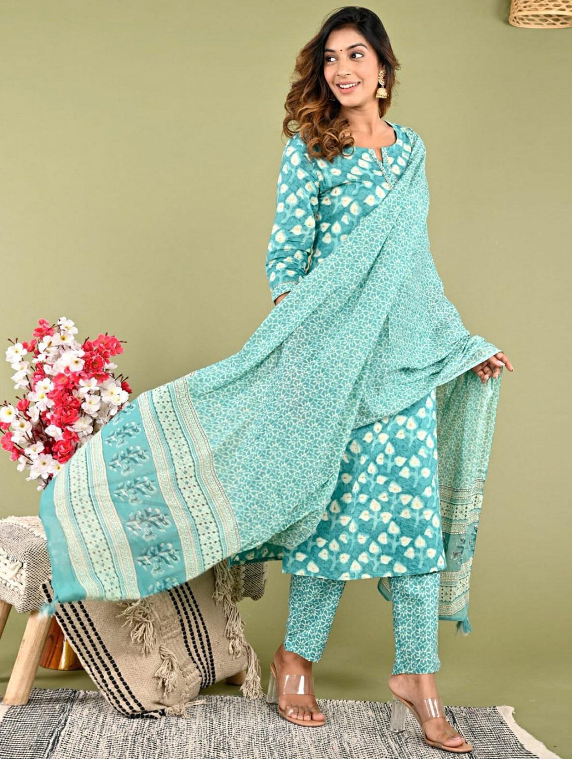 blue printed three quarter sleeve suit set set - 19995614 - Standard Image - 4