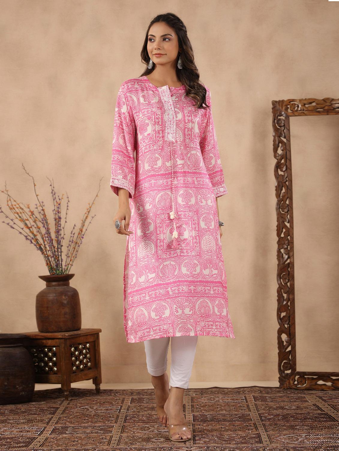 pink cotton straight kurta - 19995645 -  Standard Image - 1