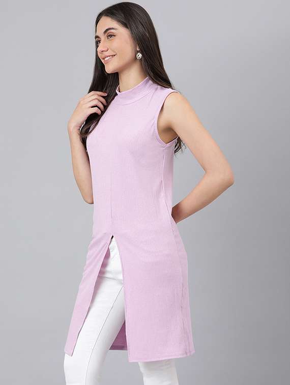 lavender solid mock neck sleeveless regular tunic - 19995682 - Standard Image - 1