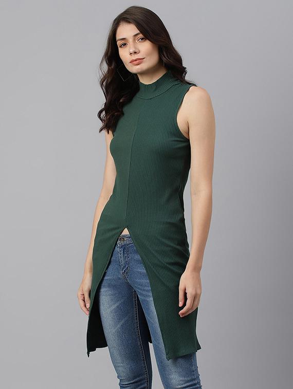 green solid mock neck sleeveless regular tunic - 19995688 -  Standard Image - 1