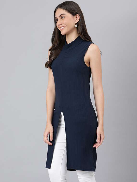 blue solid mock neck sleeveless regular tunic - 19995692 -  Standard Image - 1