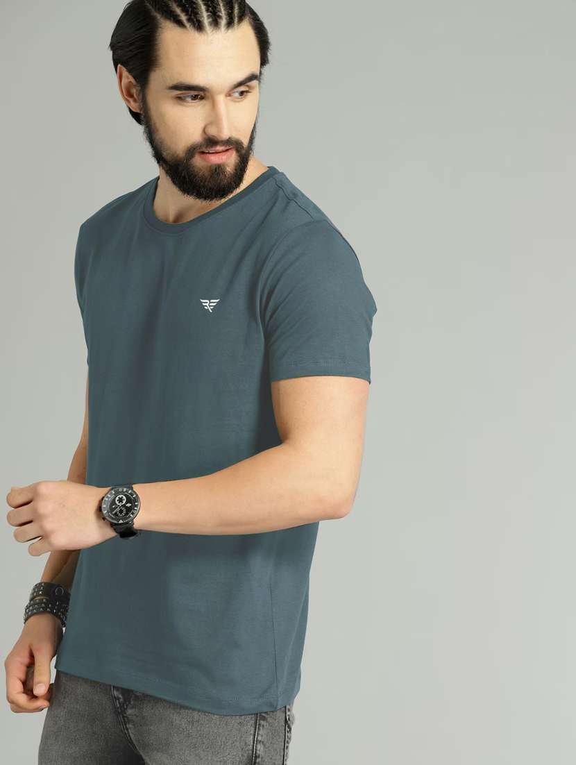 blue solid round neck short sleeve t-shirt - 19995876 -  Standard Image - 1