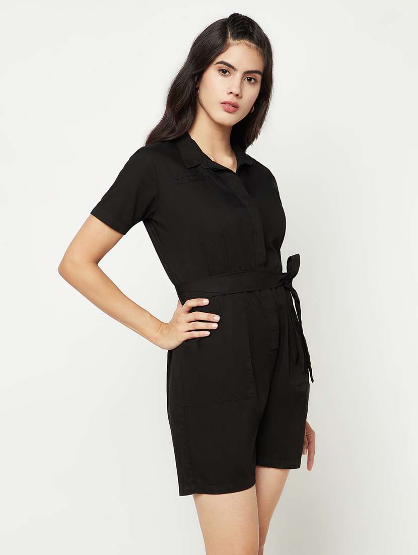 crimsoune club women black 100 cotton jumpsuit with belt - 19996176 -  Standard Image - 1