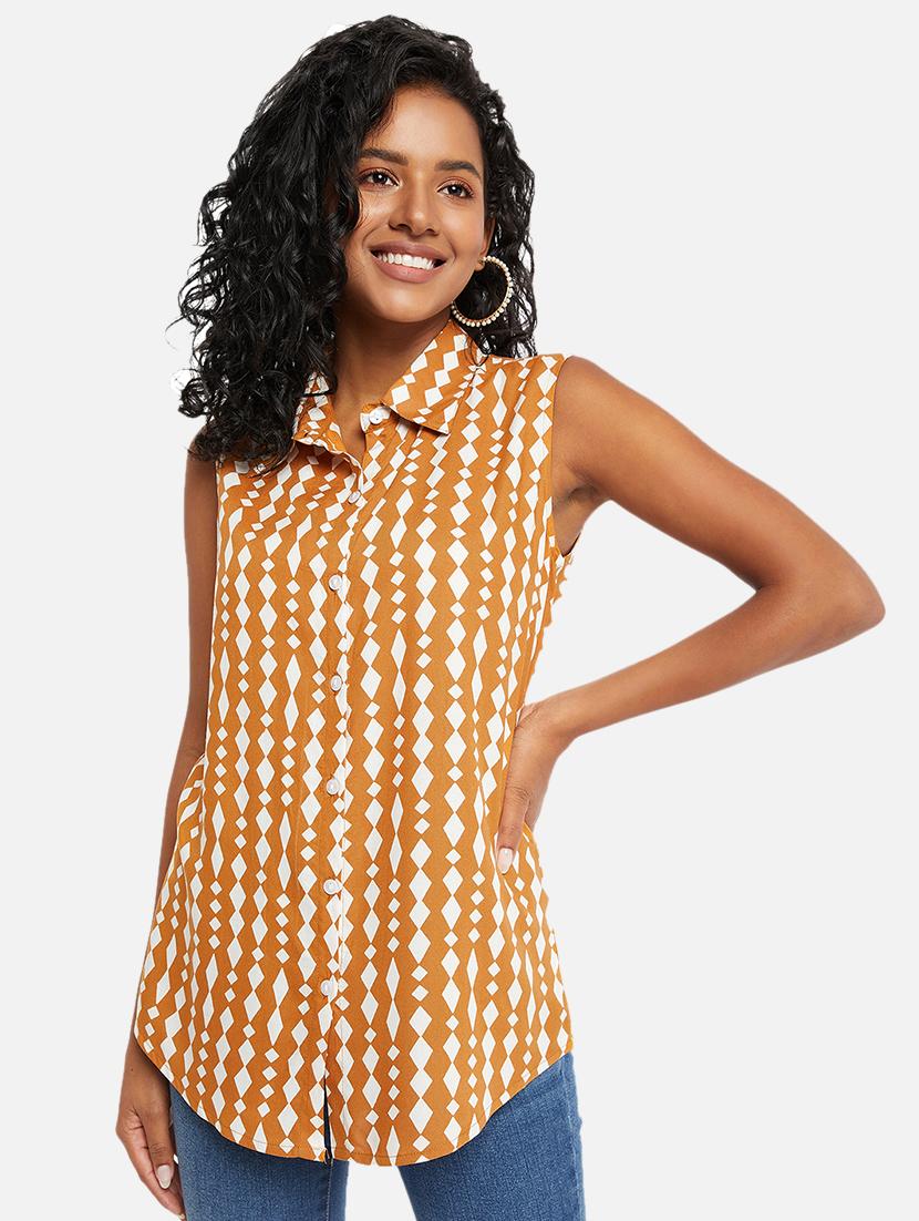 orange printed shirt collar sleeveless regular shirt - 19996248 -  Zoom Image - 0