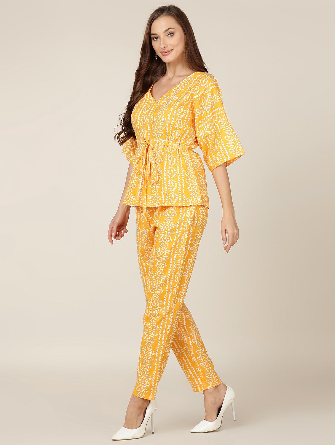 yellow self designed printed kaftan top with narrow pants - 19996433 -  Standard Image - 1