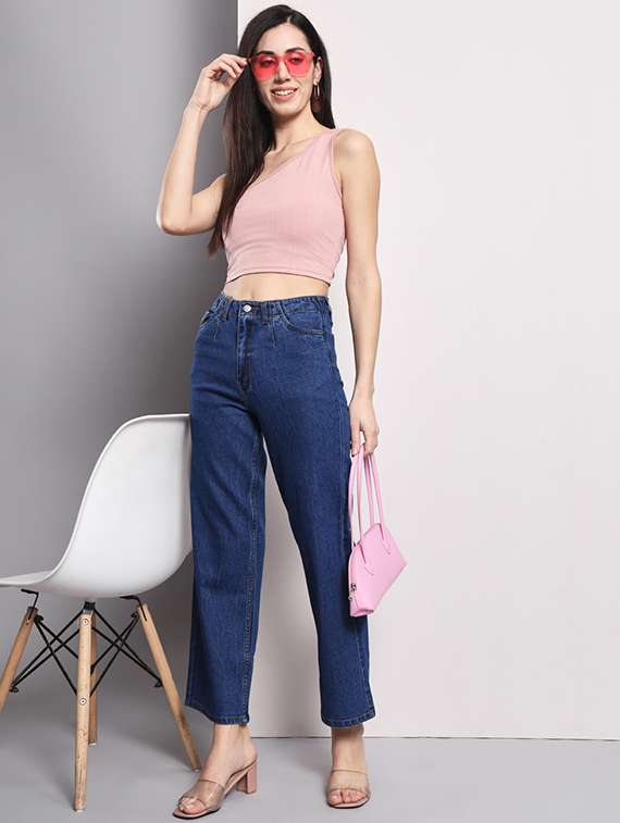 blue solid high rise ankle length straight jean - 19996859 -  Standard Image - 4