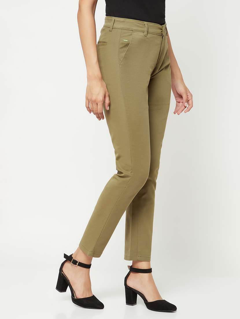 olive solid flat front ankle length trousers  - 19997140 -  Standard Image - 1