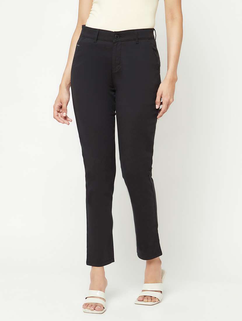 black solid flat front ankle length trousers 