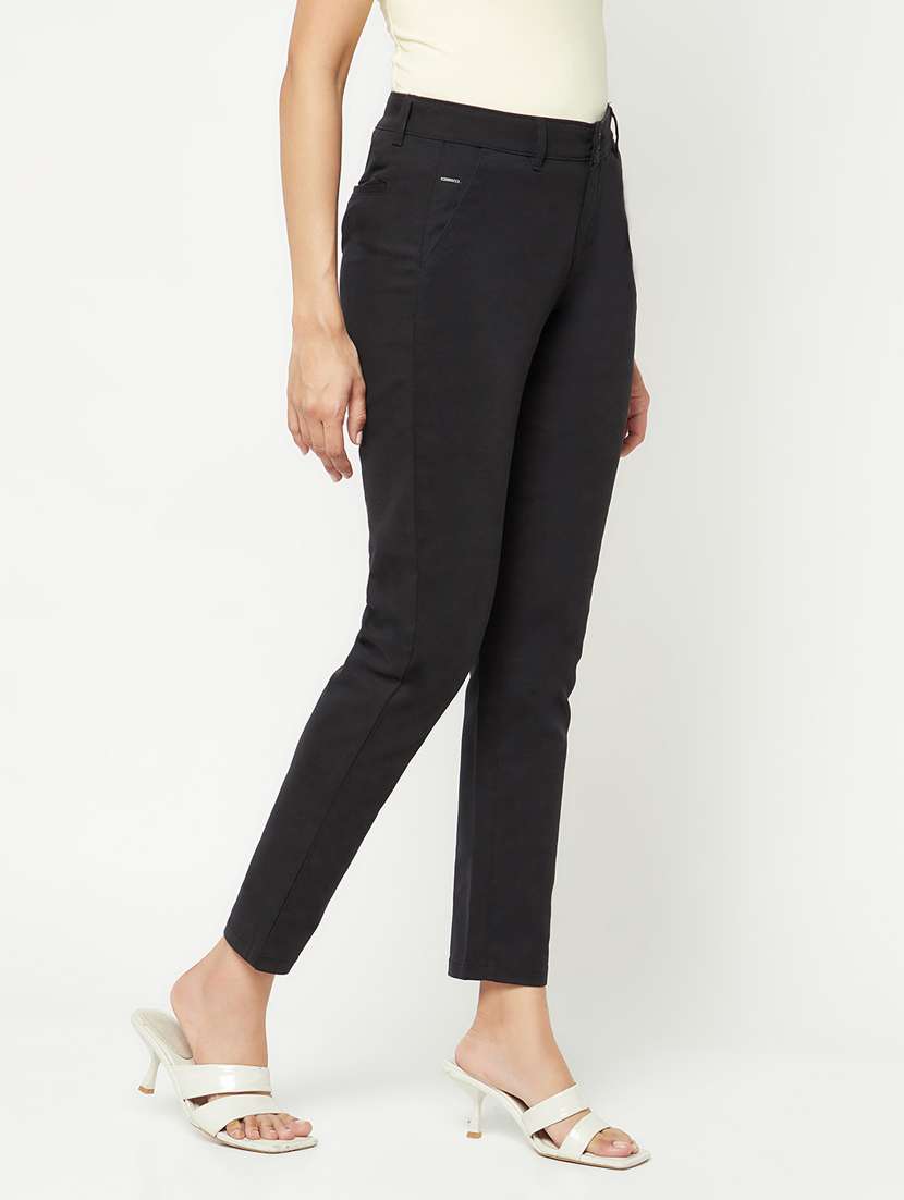 black solid flat front ankle length trousers  - 19997142 -  Standard Image - 1