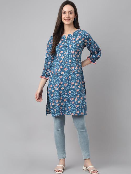 women blue floral print notch neck kurta - 19999310 - Standard Image - 0