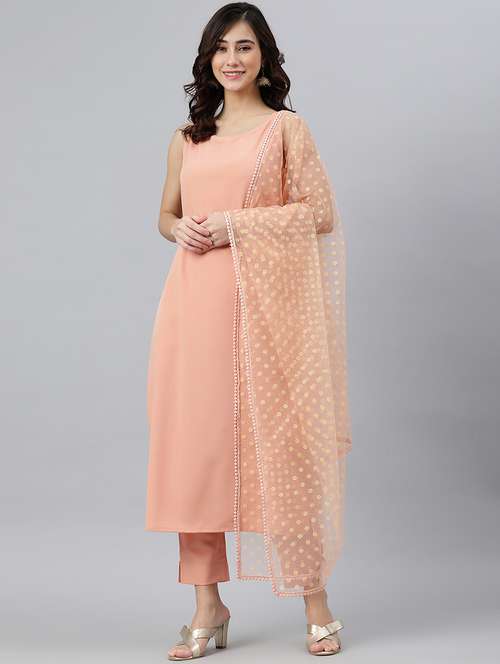 women peach solid kurta pant set with dupatta