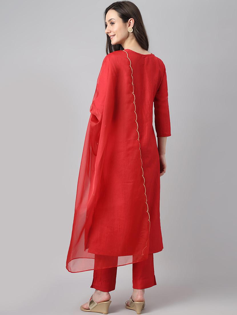 red solid kurta pant set with dupatta - 19999434 - Standard Image - 4