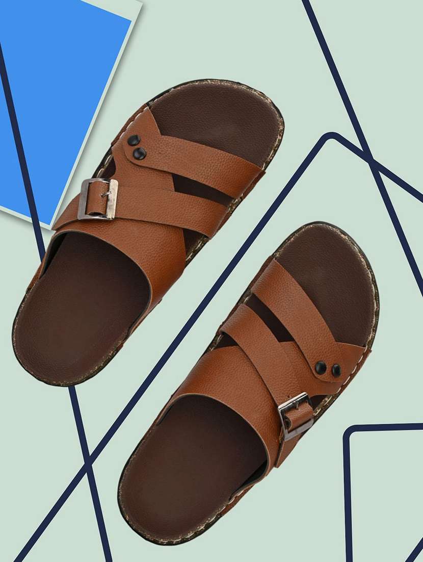 brown faux leather slip on slippers