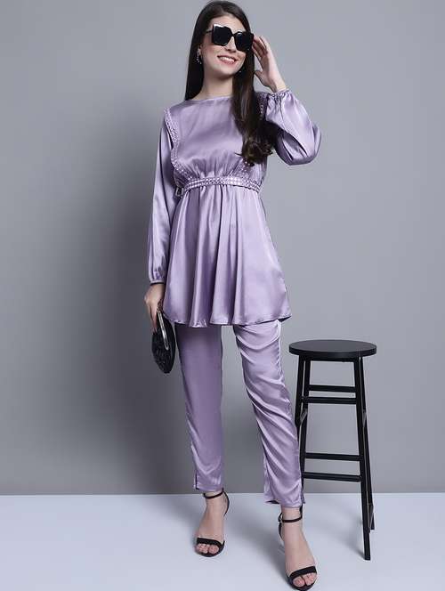 purple satin top and trouser set 