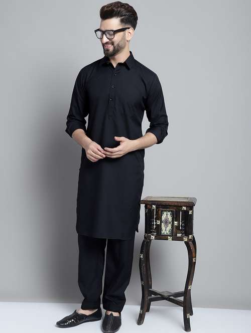 black cotton blend kurta pyjama ethnic wear set - 20002363 - Standard Image - 0