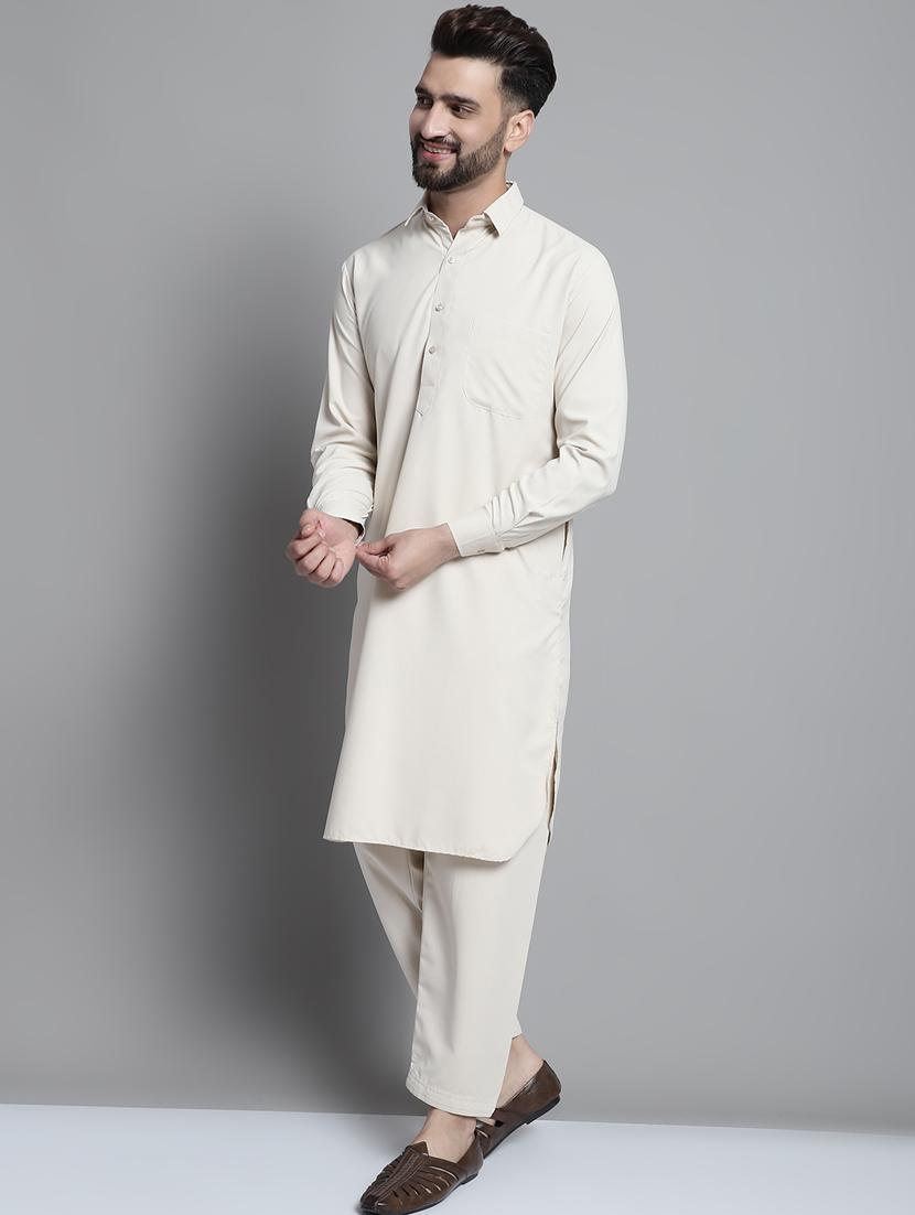 cream cotton blend kurta pyjama ethnic wear set - 20002365 -  Standard Image - 1